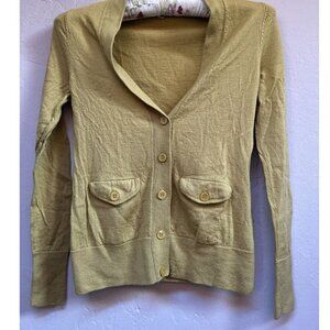 Halogen Women's Merino Wool V-Neck Button Knit Cardigan Sweater Small Mustard